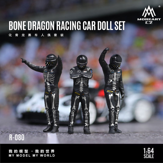Bone Dragon Racing Car Doll Set with skeleton-themed figures on a blurred race track background.