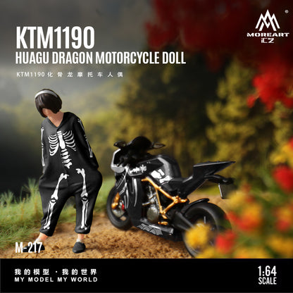 Model motorcycle and rider with skeleton design in a scenic setting, featuring the KTM1190 Huagu Dragon Motorcycle Doll by Moreart.