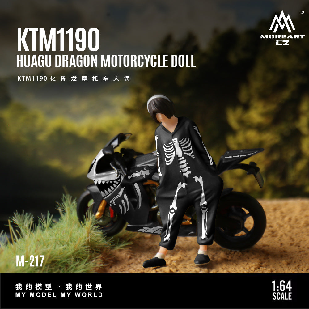 Motorcycle doll with skeleton outfit standing next to a motorcycle in a scenic background, featuring MOREART branding.