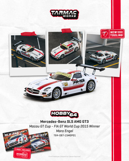 Model car of Mercedes-Benz SLS AMG GT3 with Tarmac Works branding on a white background.