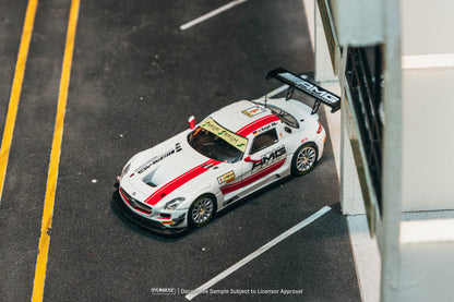 Model car on a track with branding and text overlay