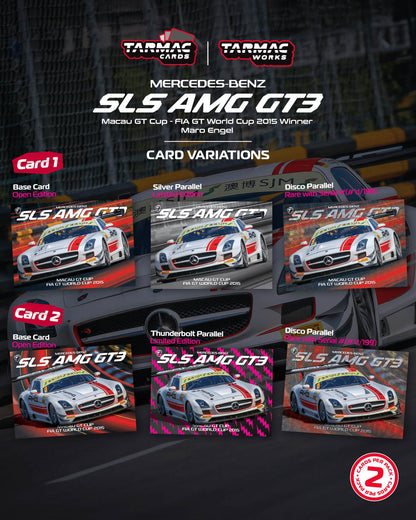 Collection of Mercedes-Benz SLS AMG GT3 card variations on a racing track background