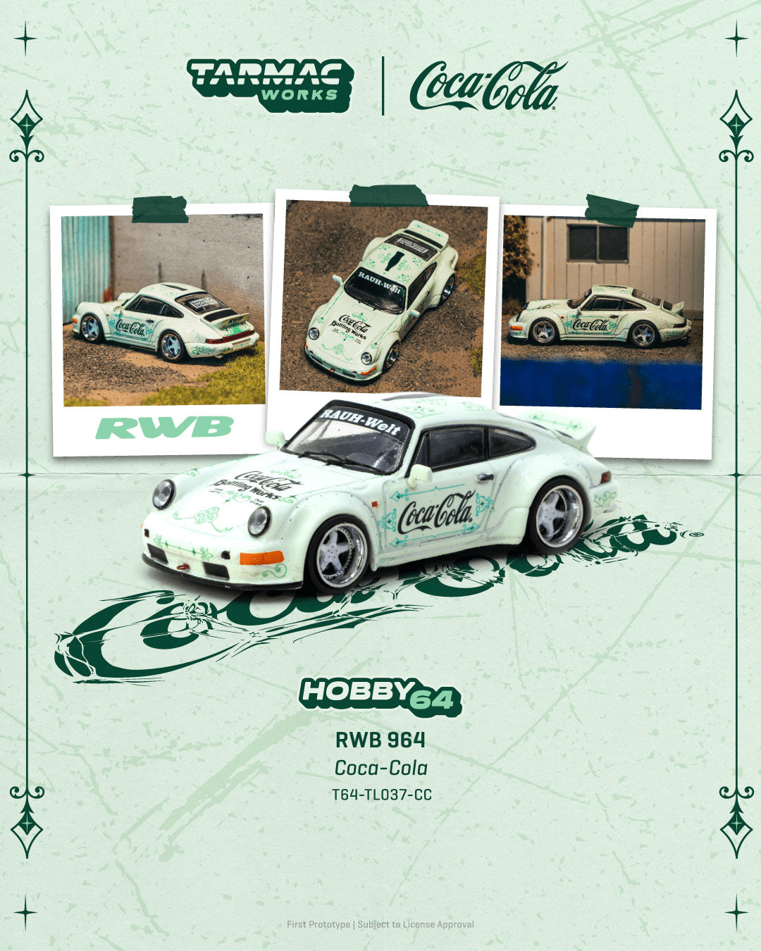 Model car with Coca-Cola and RWB branding on a decorative background