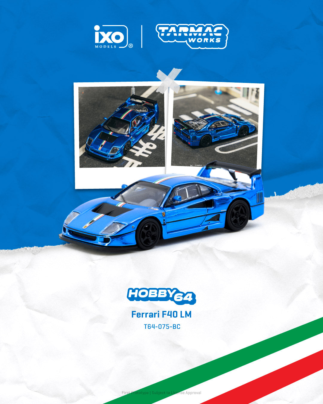 Blue model car with Ixo and Tarmac Works branding on a blue and white background.