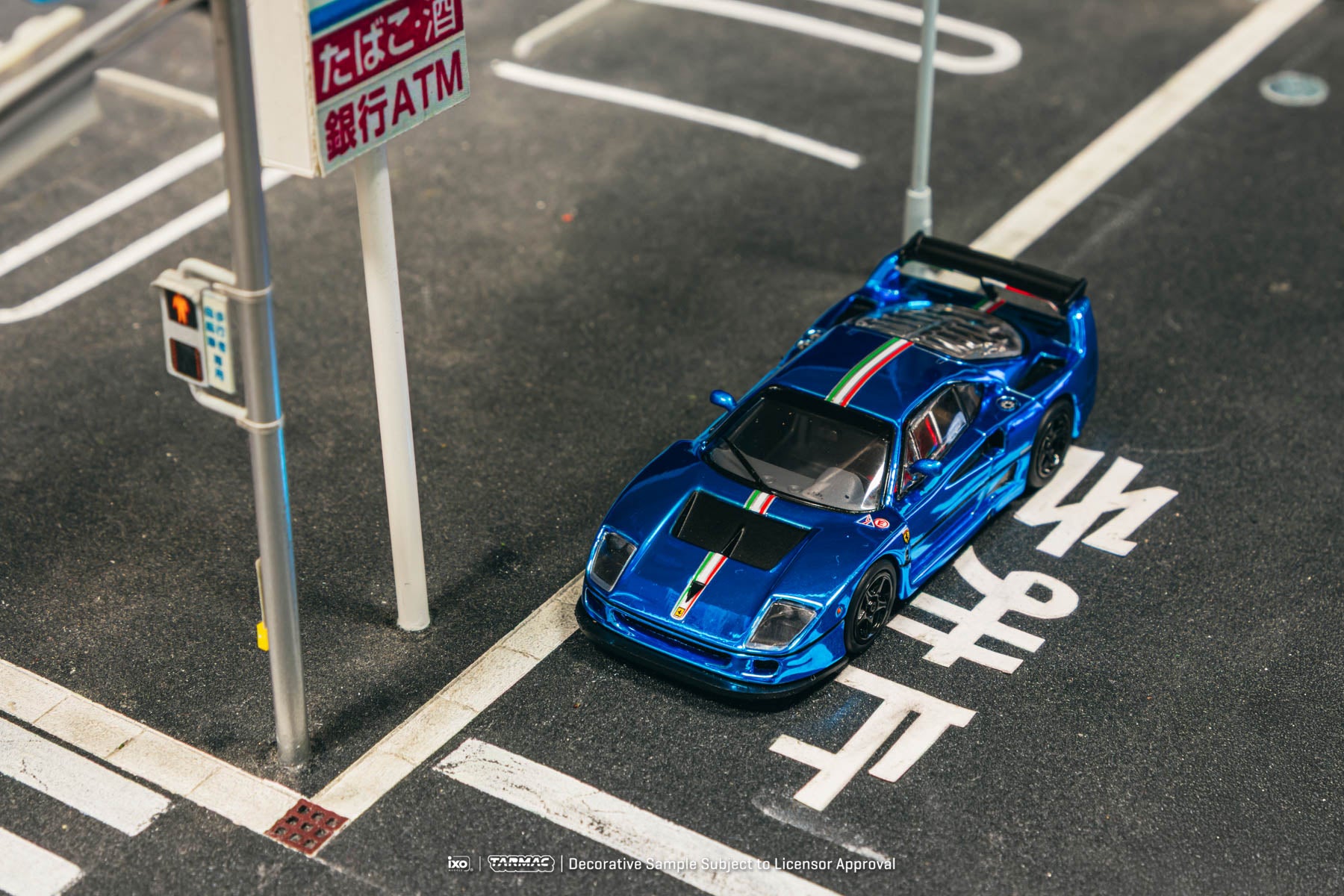 Model car on a street with traffic lights and signs in the background