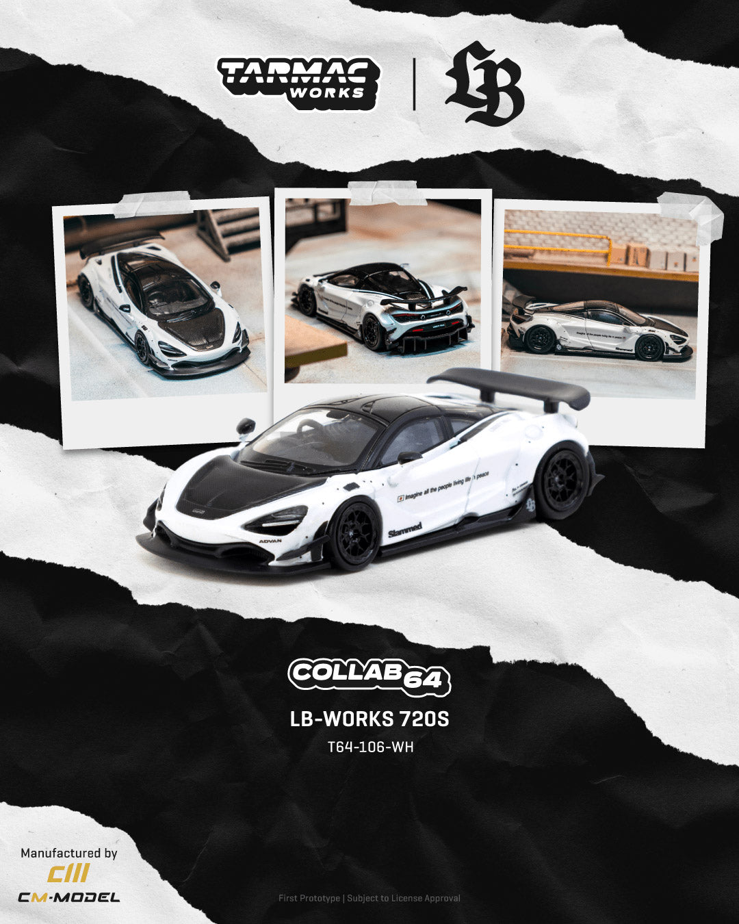 Model car with Tarmac Works and LB Works branding on a black background