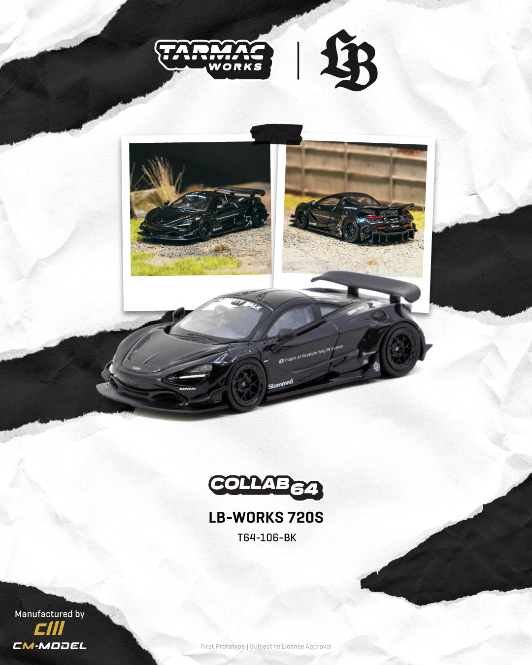 Black model car with Tarmac Works and LB Works branding on a white background
