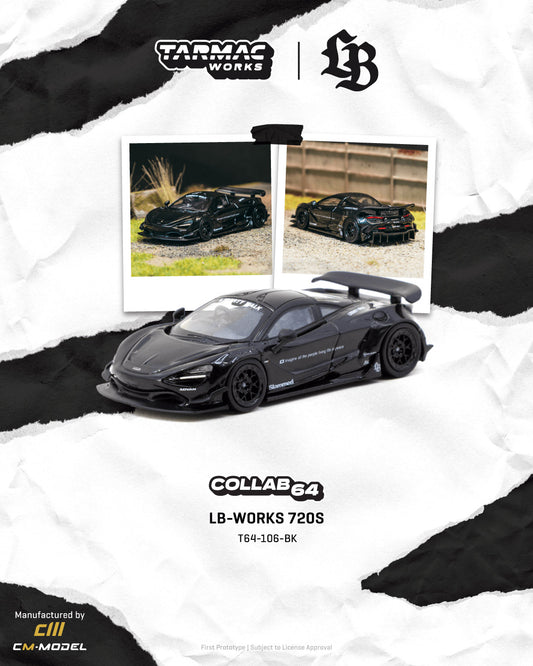 Black model car with Tarmac Works and LB Works branding on a white background