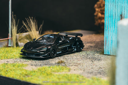 Black sports car model on a miniature road with grass and a blue wall in the background