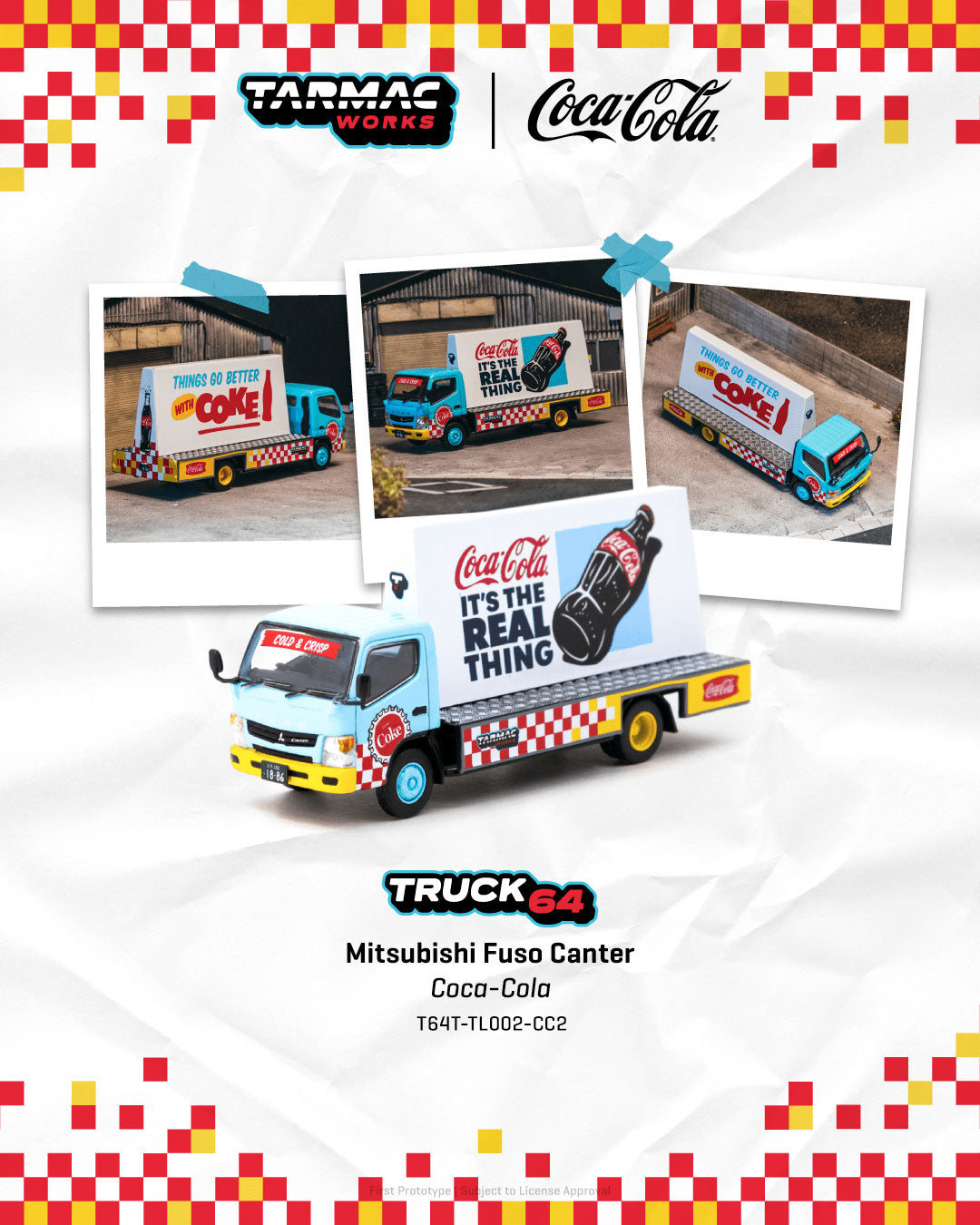 Model truck of a Coca-Cola delivery van with branding elements on a checkered background.