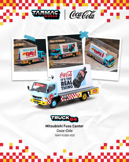 Model truck of a Coca-Cola delivery van with branding elements on a checkered background.