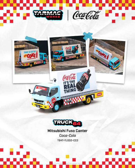 Model truck of a Coca-Cola delivery van with branding elements on a checkered background.