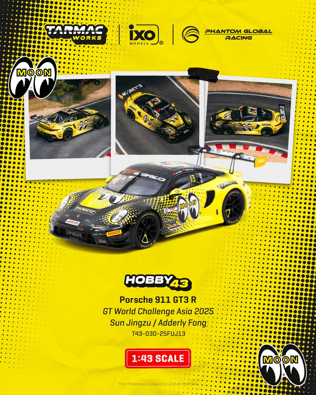Model car of a Porsche 911 GT3 R on a yellow background with branding logos.