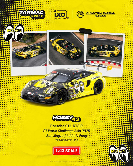 Model car of a Porsche 911 GT3 R on a yellow background with branding logos.