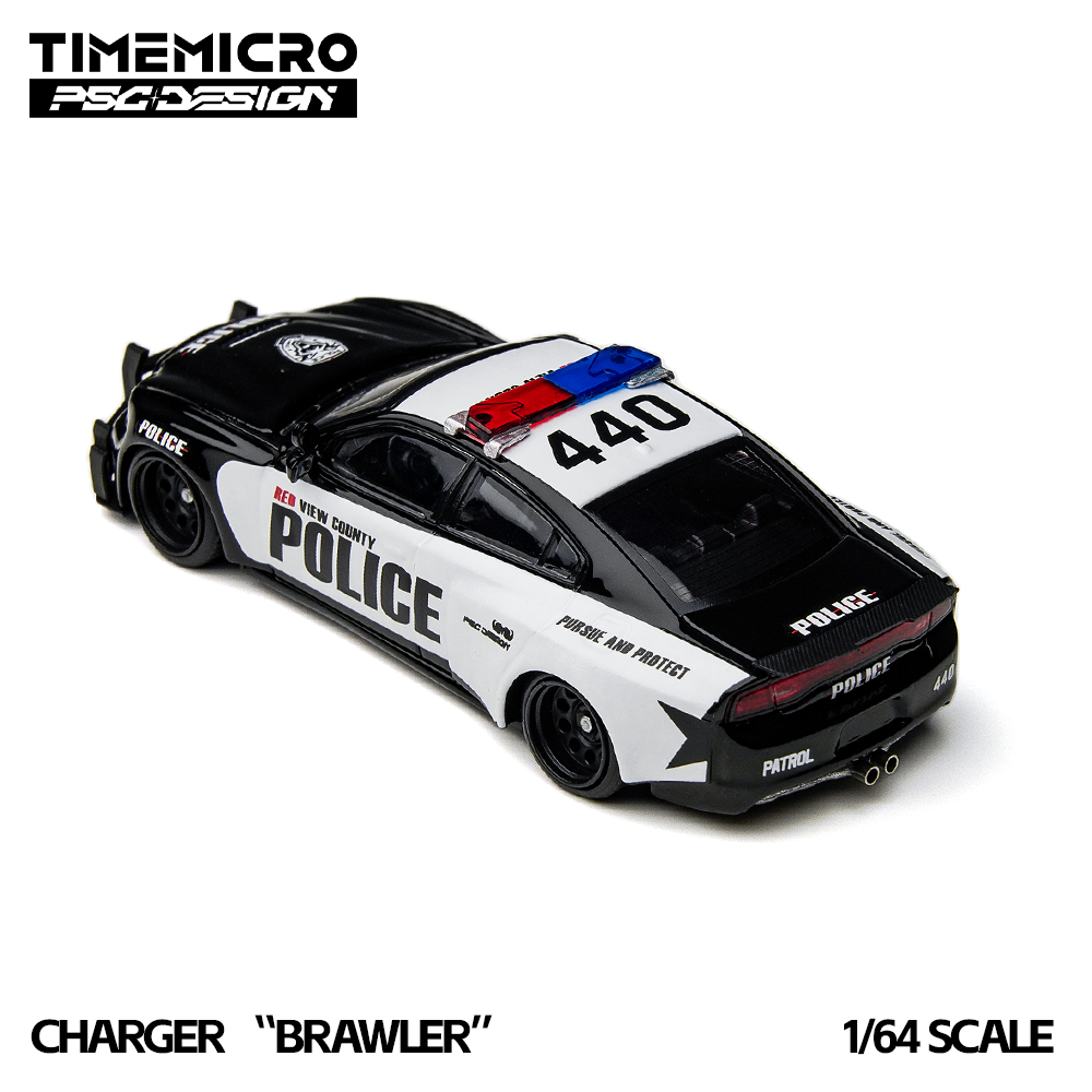 Model police car with 'TimeMicro' branding on a white background