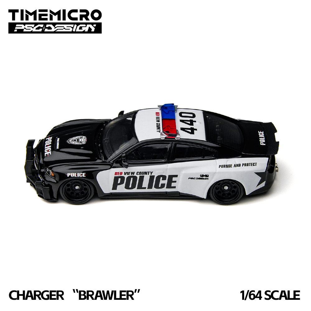 Model police car with 'Charger Brawler' branding on a white background