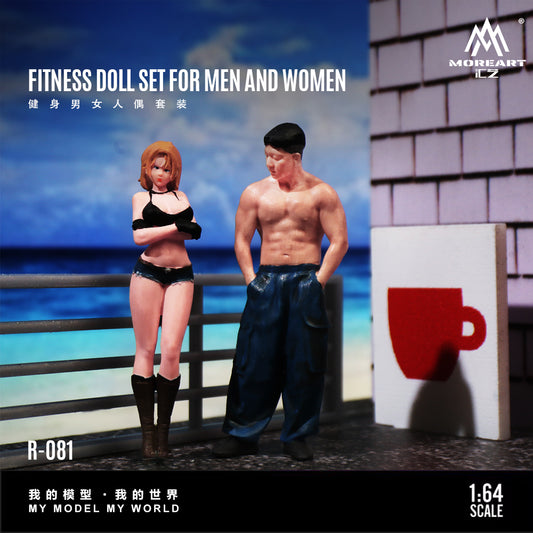 Fitness doll set for men and women with a scenic background, featuring the brand 'MoreArt'.