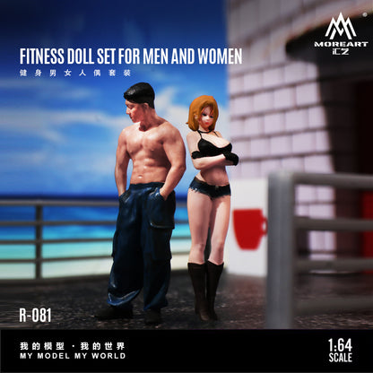 Fitness doll set for men and women by Moreart CZ with a scenic background.
