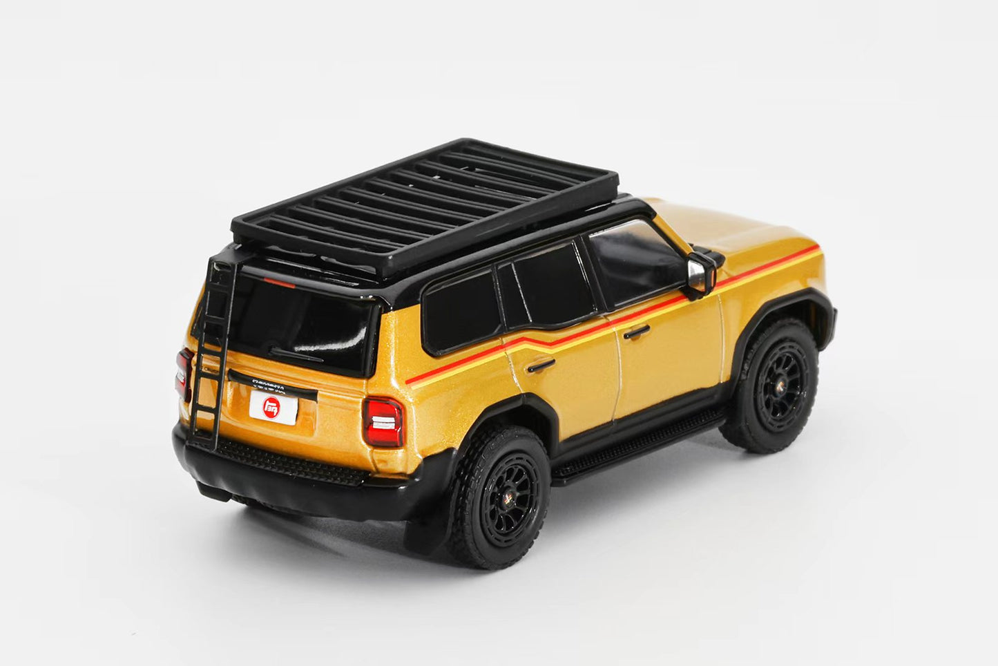 Model of a yellow SUV with a black roof rack on a white background