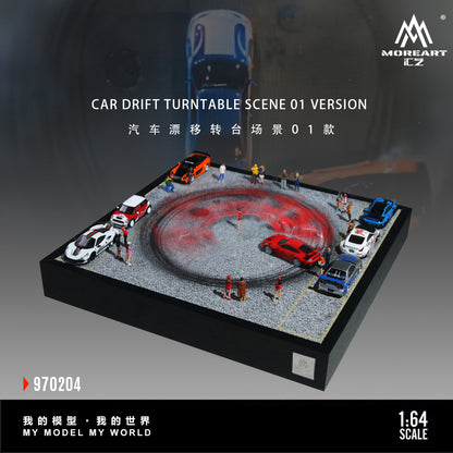 Model car drift turntable scene with multiple cars and people on a dark background, featuring the brand 'MoreArt'.