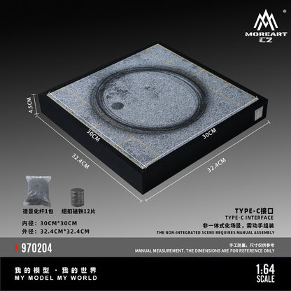 Model of a circular platform with dimensions and branding on a dark background