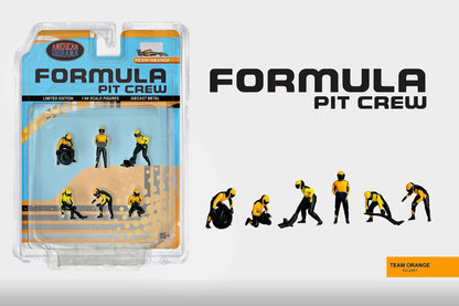 Packaged Formula Pit Crew figures with a display box and silhouettes on a white background.