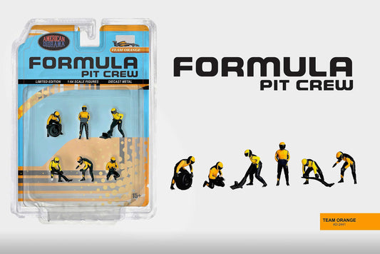 Packaged Formula Pit Crew figures with a display box and silhouettes on a white background.