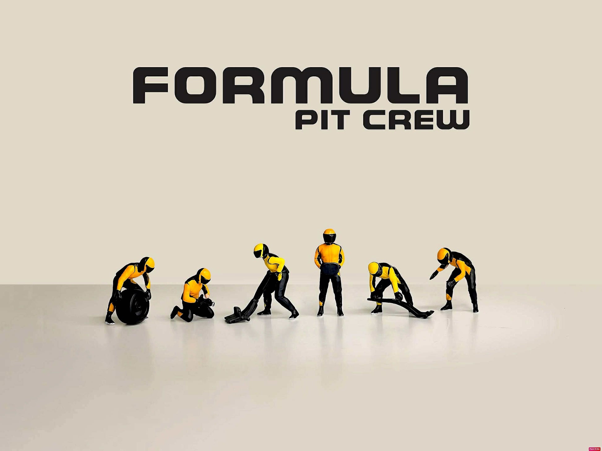 Model pit crew figures with 'Formula Pit Crew' text on a beige background