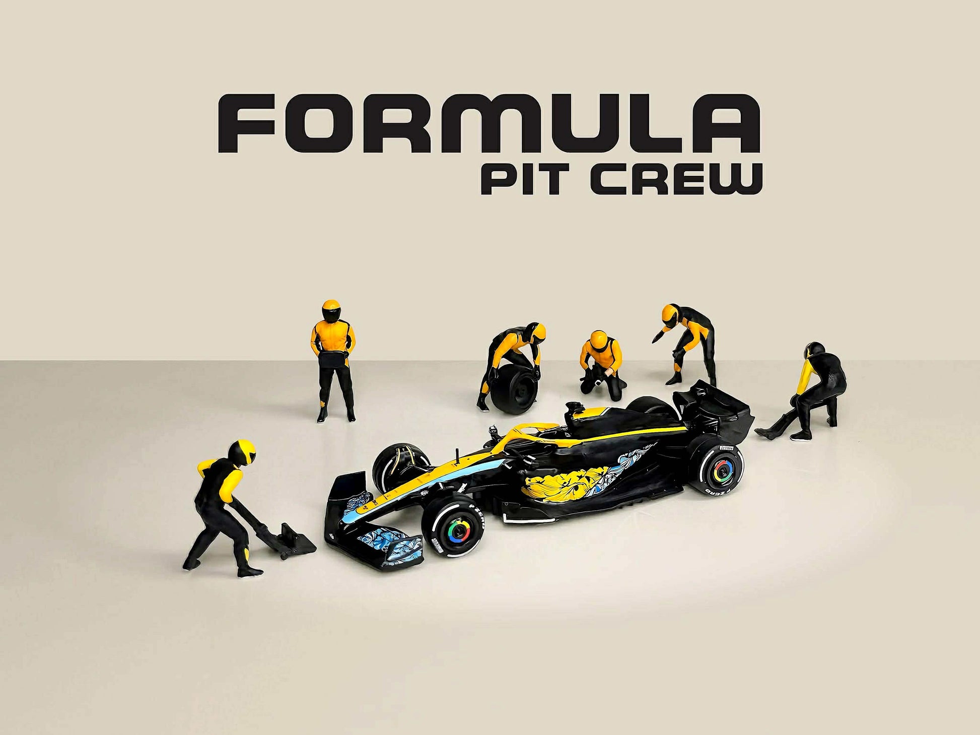 Model of a Formula 1 pit crew working on a car with 'Formula Pit Crew' text above.
