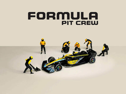 Model of a Formula 1 pit crew working on a car with 'Formula Pit Crew' text above.