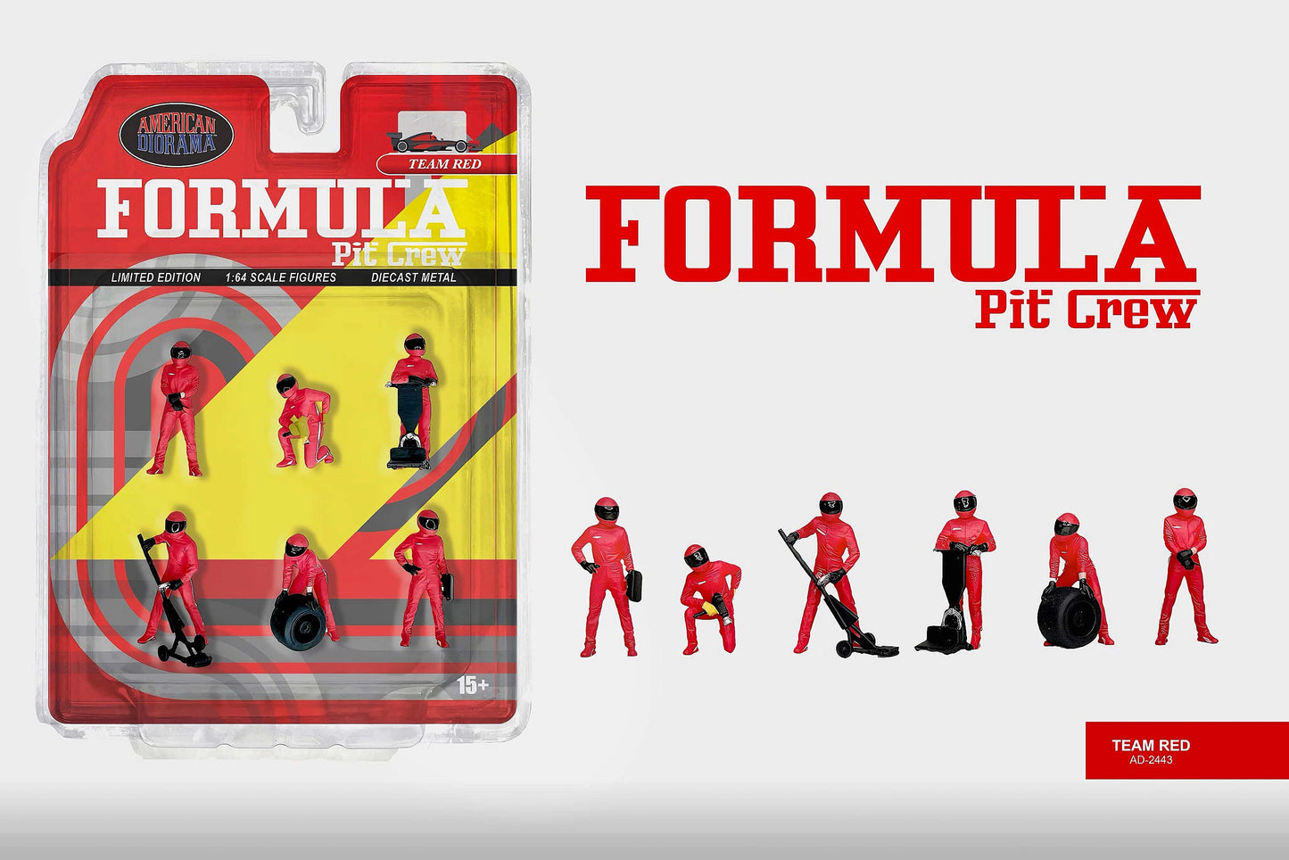 Formula Pit Crew toy figures with packaging on a white background