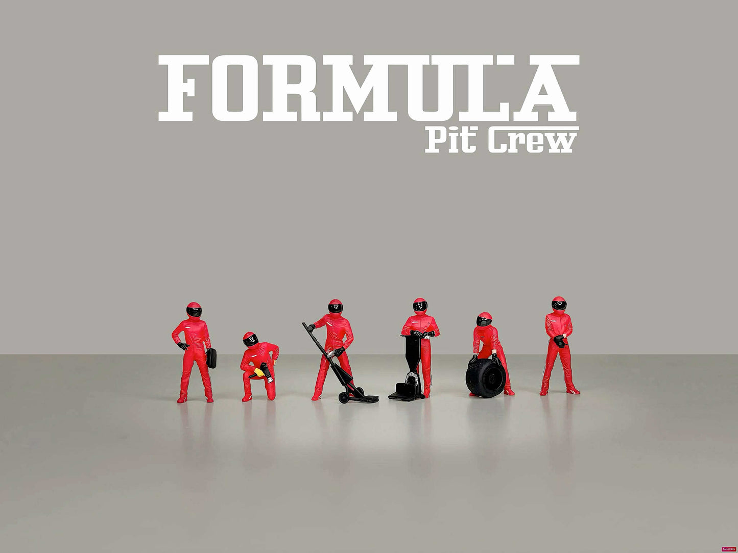Model pit crew figures in red uniforms with tools on a gray background, featuring the text 'Formula Pit Crew'.