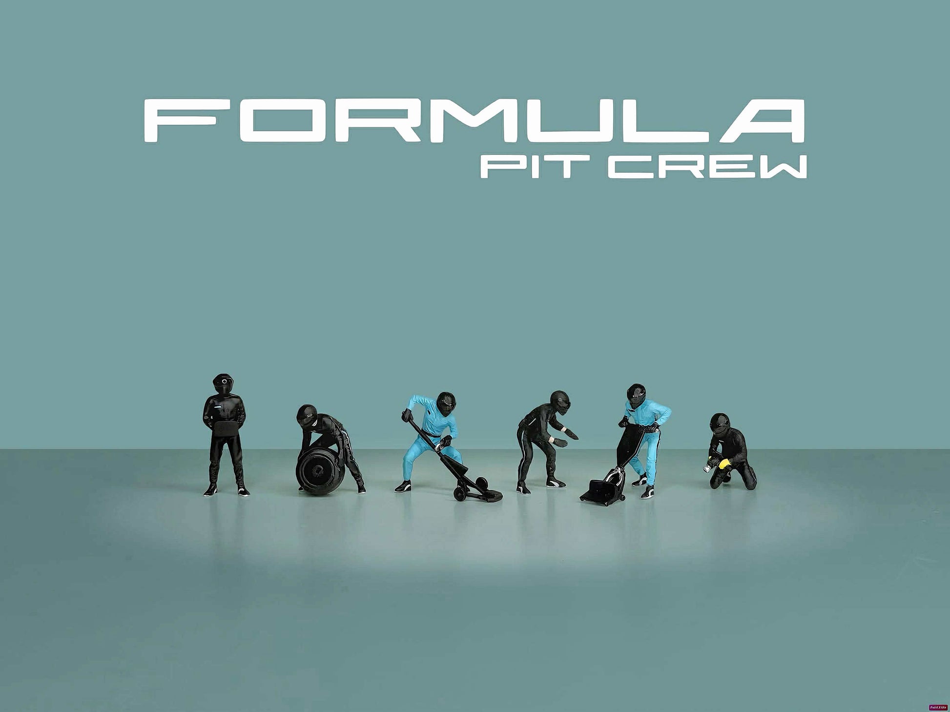 Model pit crew figures with a teal background and 'Formula Pit Crew' text.