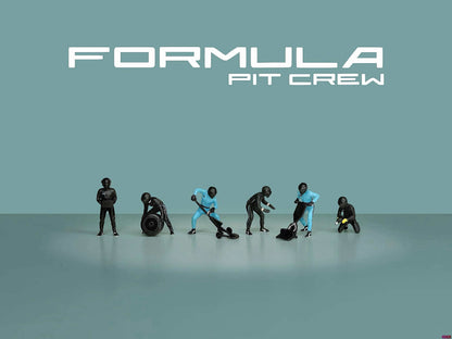 Model pit crew figures with a teal background and 'Formula Pit Crew' text.