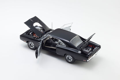 Model car with open doors on a white background