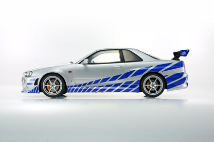 White sports car with blue and black stripes on a white background