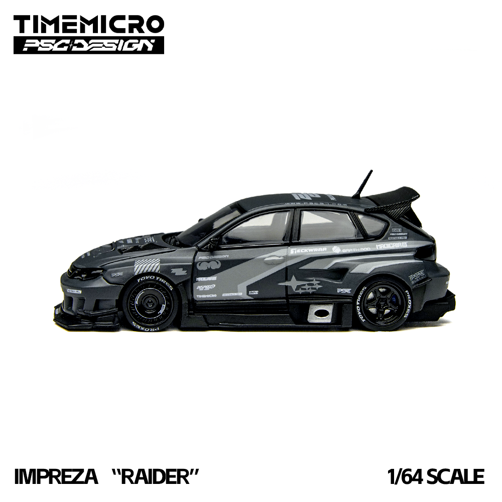 Model car of a Subaru Impreza 'Raider' with 'TimeMicro' branding on a white background.