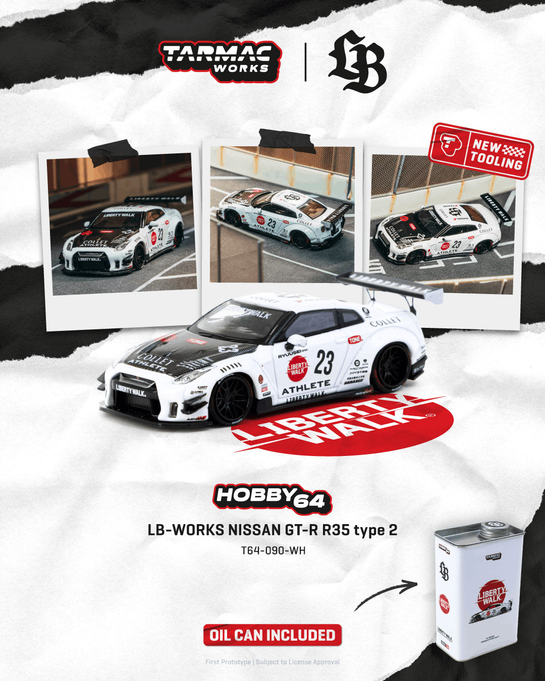 Model car of LB-Works Nissan GT-R R35 type 2 with Tarmac Works and Hobby64 branding.