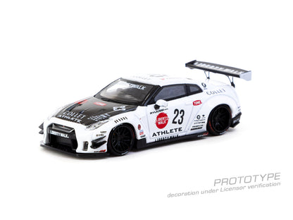 Model car with various sponsor logos on a white background