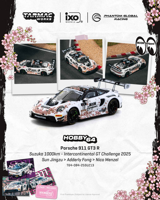 Promotional image of a Porsche 911 GT3 R model car with racing details and sponsor logos.