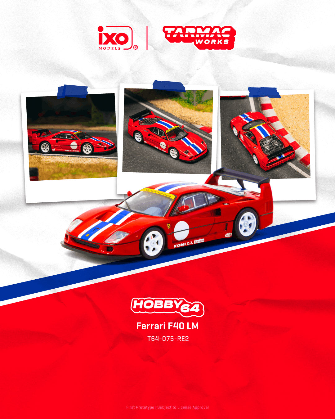 Model car of a Ferrari F40 LM with Ixo and Tarmac Works branding on a red and white background.