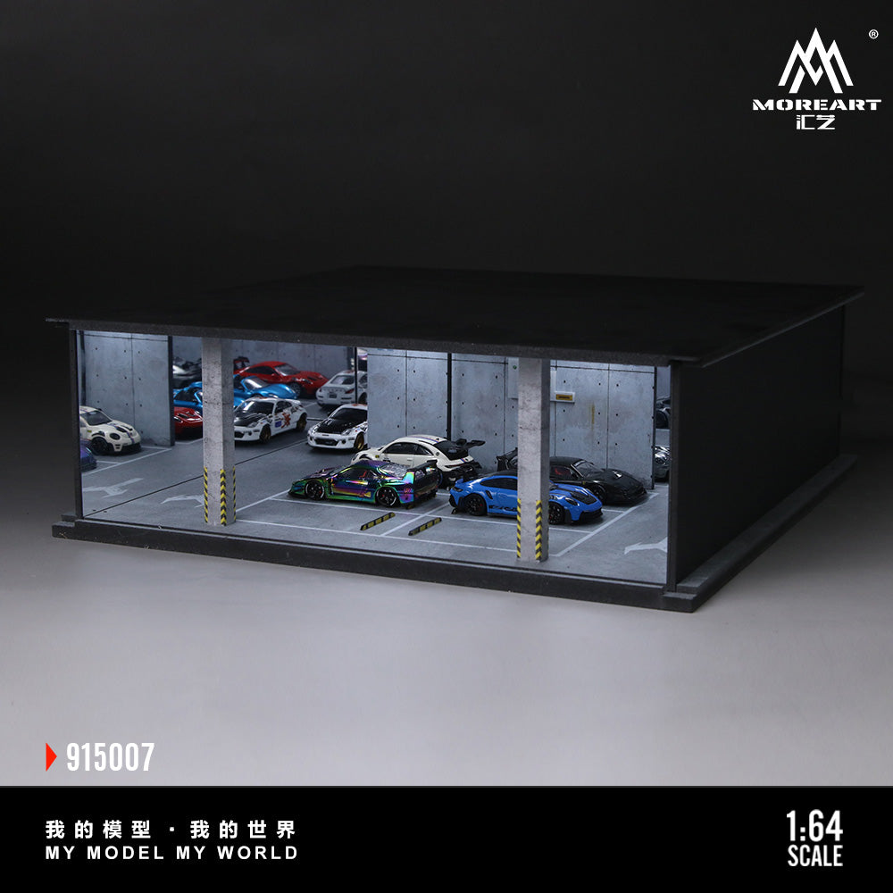 Model car garage with multiple cars inside, featuring the brand 'MoreArt'.