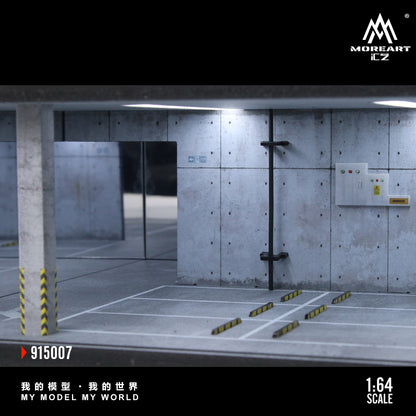 Model of an underground parking garage with concrete walls and floor, featuring the brand 'MoreArt'.