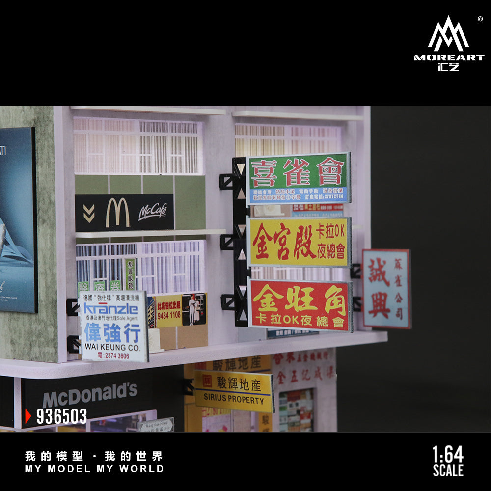 Model of a shelf with various signs and logos, including McDonald's, on a dark background.