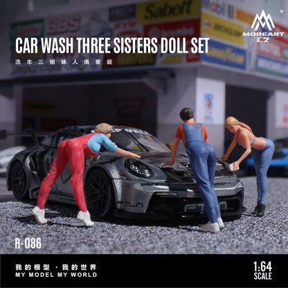 Model car wash scene with three dolls around a toy car, set against a model car wash background.