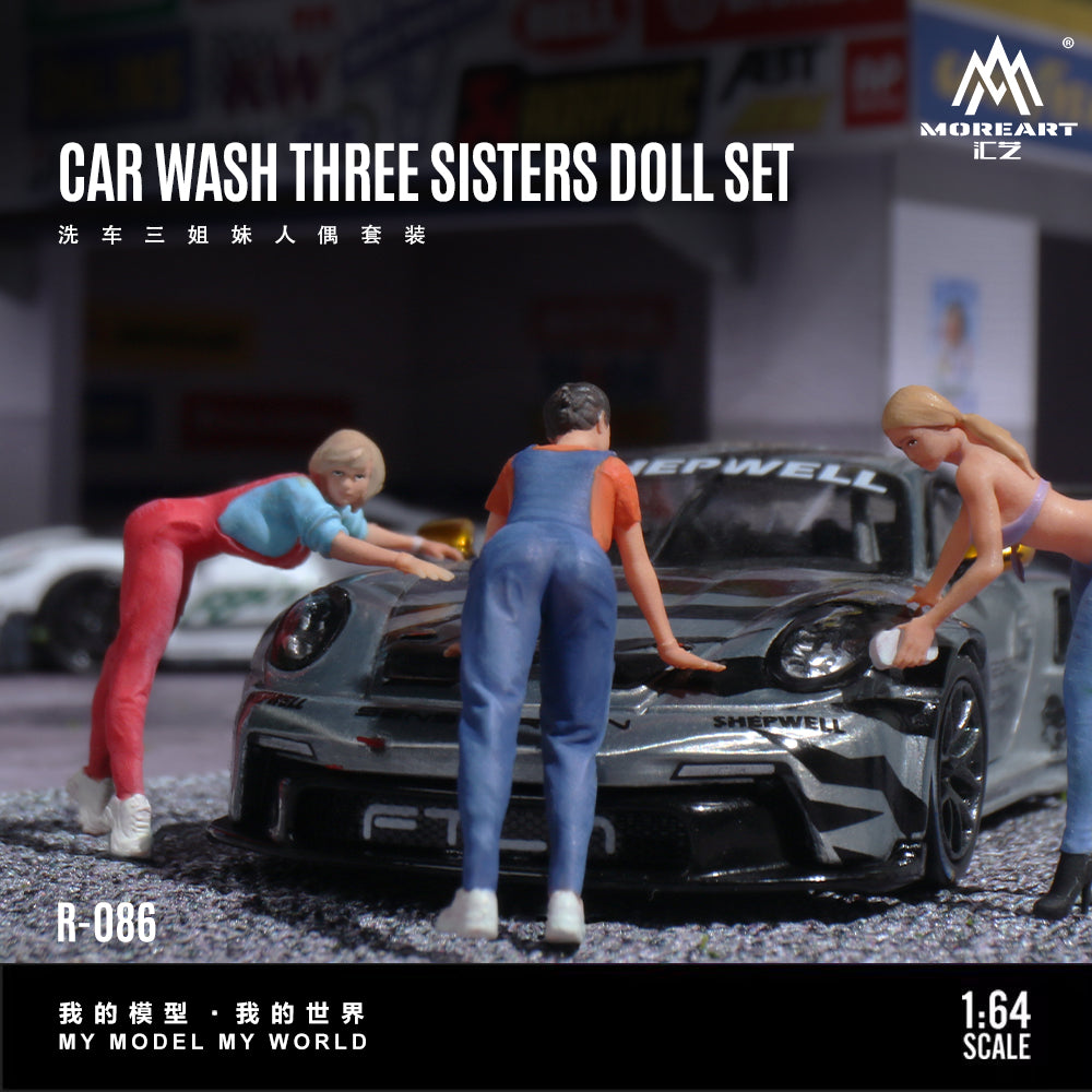 Model doll set of three people washing a car with branding and product details.