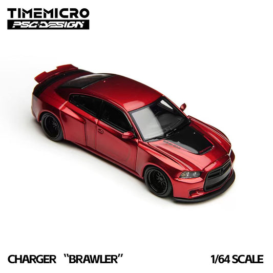 Model car of a red Dodge Charger labeled 'Brawler' with 'TimeMicro' branding on a white background.