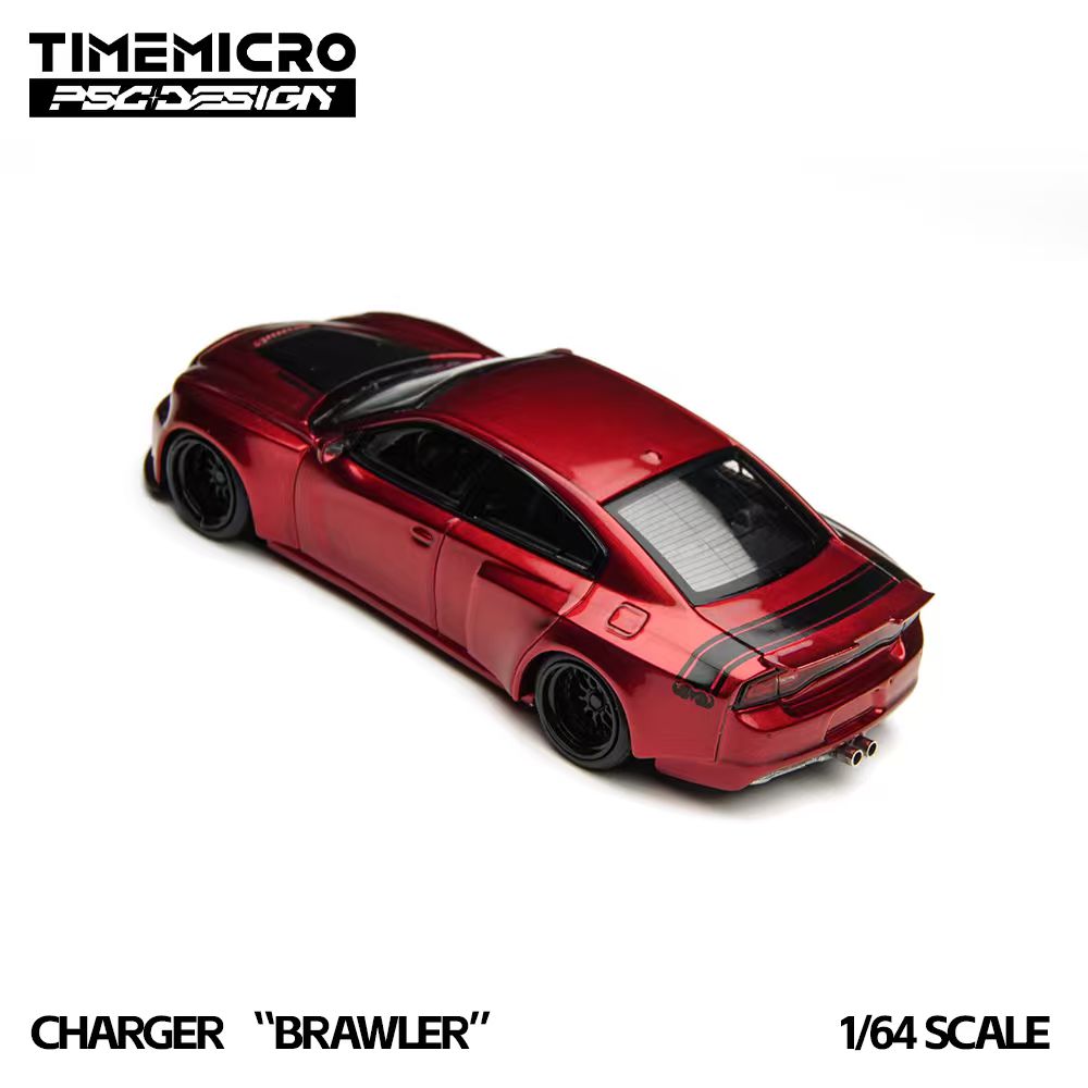 Model car of a red Dodge Charger labeled 'Brawler' by Timemicro on a white background