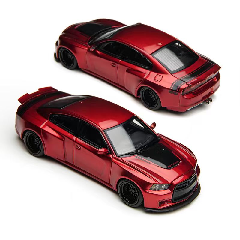 Two red model cars on a white background