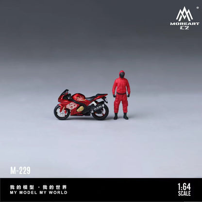 Model motorcycle and figure in red outfit on a gray background with 'MoreArt' branding.